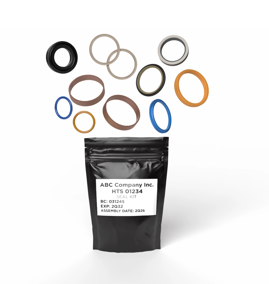 Custom seal kit with O-rings and industrial seals packaged for hydraulic cylinder rebuild